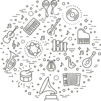 music concept illustration, thin line, flat design vector