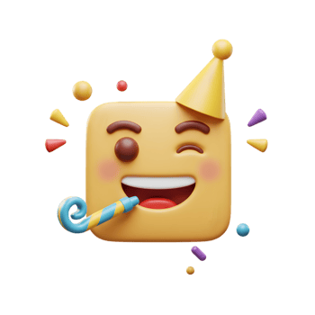 Joyful Emoji Party Celebration. 3D Render of a Smiling Face with Party Hat and Noisemaker png