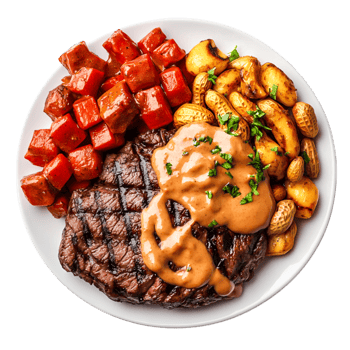 Delicious Grilled Steak with Savory Sauce and Colorful Vegetable Sides png