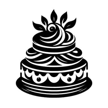A stylized, tiered cake illustration in black and white, adorned with leaf accents, suggesting a celebration. vector