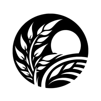 Abstract black and white minimalist nature illustration, featuring leaves, sun, and landscape elements within a circle, evoking calm. vector
