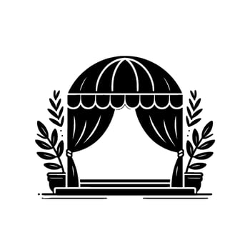Elegant black and white illustration featuring a romantic canopy adorned with scalloped trim and flowing curtains, framed by potted plants and a refined silhouette. vector