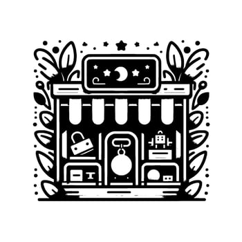 Celestial Shop Black and White with Stars, Moon, Ornate Foliage, and Assorted Curiosities. vector