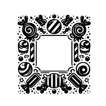 Square Candy Frame with Various Lollipop, Hard Candy, and Sweet Treat Decorations in Black and White. vector