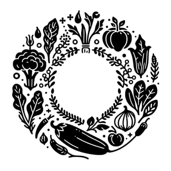 Black and White Veggie Wreath A stylized illustration of various vegetables arranged in a circular frame, embodying natures bounty. vector