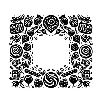 Whimsical Sweet Treats Border A Black and White Illustration Featuring Candies, Lollipops, and Berries in a Square Frame with Negative Space Center. vector