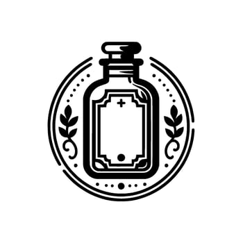 A vintagestyle black and white emblem featuring a decorative potion bottle surrounded by a dotted circle and floral elements. vector