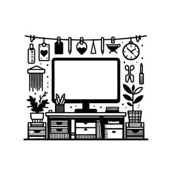 Whimsical Black White Illustration of a Home Office Desk with a Computer, Hanging Decor, and Accessories. vector