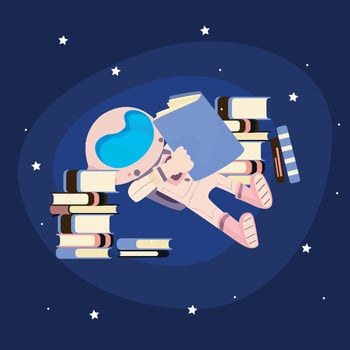Floating Astronaut Surrounded by Books, Imaginative Space Illustration vector