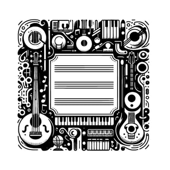 Intricate monochrome illustration of musical instruments surrounding a blank music sheet, in a symmetrical, ornamental style. vector