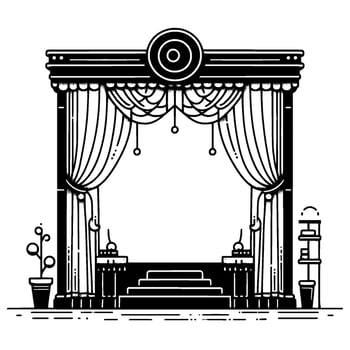 Minimalist Theater Stage Illustration Detailed black and white drawing featuring ornate curtains, layered steps, and stage props, evoking a sense of vintage elegance. vector