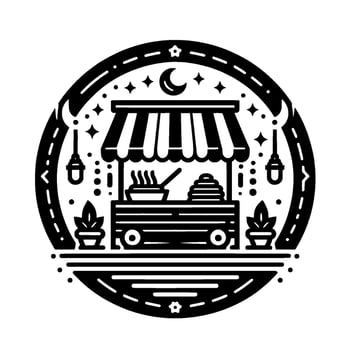 Whimsical, BlackandWhite, Street Food Cart with Moon, Stars, and Decorative Border, Evoking a Nighttime Bazaar Vibe. vector