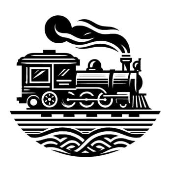 Stylized Black and White Illustration of a Classic Steam Locomotive with Whimsical Smoke Cloud Above a Decorative Track and Waves. vector