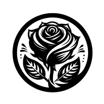 Black and White Circular Rose Icon Stylized floral illustration, rose emblem enclosed in a circle, minimalist design. vector