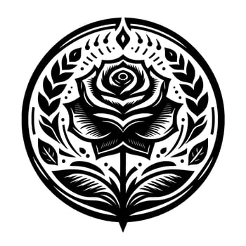 Intricate Black and White Circular Rose Emblem with Foliage and Decorative Border, Modern Design. vector