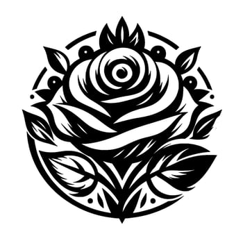 Elegant Black and White Circular Rose Illustration with Leaves, Berries and Crown Details in Minimalist Design. vector
