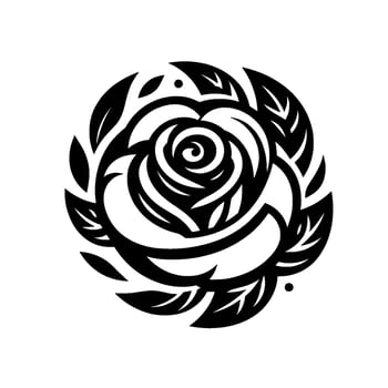 Elegant, symmetrical black and white illustration of a rose, encircled by stylized leaves and a subtle use of shading on a plain white background. vector