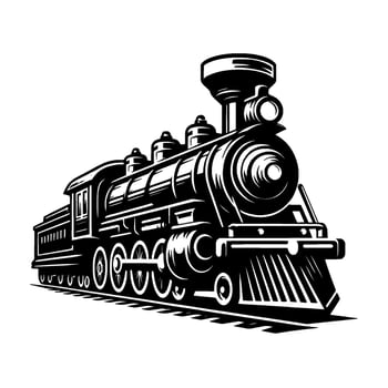 Stylized Black and White Illustration of a Classic Steam Locomotive with Details on Rails and Smoke. vector