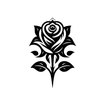 Illustration of a Stylized Black and White Rose with Detailed Petals, Leaves, and Stem on White Backdrop. vector