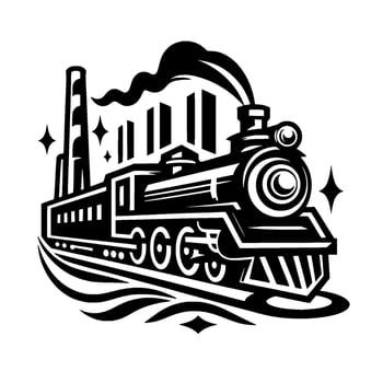 Stylized Black White Locomotive with Industrial Buildings, Smoke, and Decorative Accents on a White Backdrop. vector