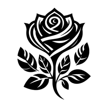 A stark black and white illustration of a stylized rose with meticulously carved petals and detailed leaves against a clean, bright backdrop. vector