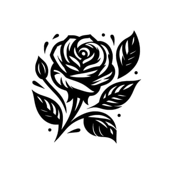 Intricate Black and White Rose Illustration A classic stylized floral featuring a blooming rose, leaves, and bud, set against a clean white backdrop. vector