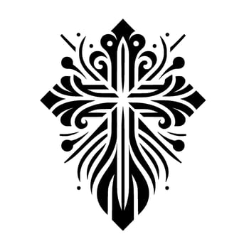 Ornate Black and White Christian Cross with Abstract Floral Elements, Geometric Aesthetics, and Spiritual Undertones on a White Backdrop. vector
