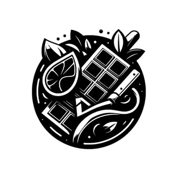 Black and White Chocolate Dessert Composition Bar, Lemon, Knife, Leaves, and Circle Arrangement for Branding vector