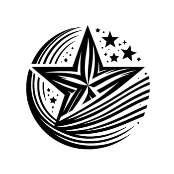 Bold Black and White Starburst Featuring a Central Star, Orbiting Stripes, and Constellation of Stars on a White Background. vector