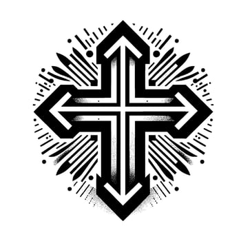 Black and White Cross with Directional Arrows and Radial Burst Pattern on a Plain White Background. vector