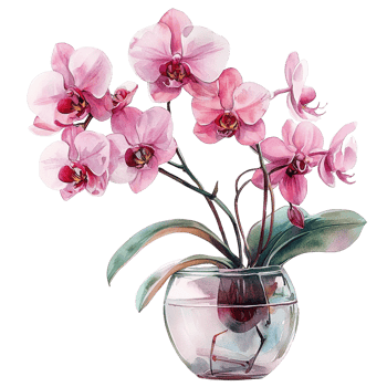 Watercolor painting showcasing a pink orchid flowering in a glass pot png