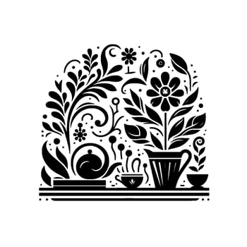 Stylized black and white illustration of a floral tea party arrangement, featuring a teapot, teacup, and a vase filled with blooming flowers. vector