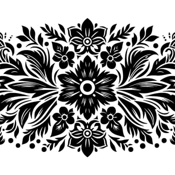 Symmetrical, Flourishing Floral Pattern in Black and White, Detailed Leaves and Petals, Geometric, Decorative Border . vector