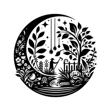 Whimsical Garden Scene in a Crescent Moon Gardener, Flora, and Symbolic Celestial Elements in a Circle vector