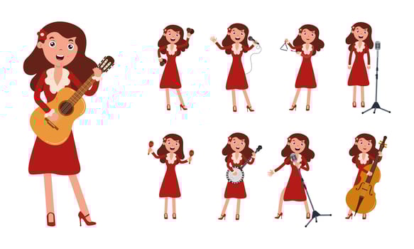 Cartoon character performing various musical activities in vibrant red dress vector