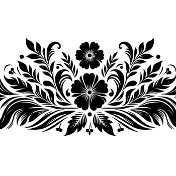 Symmetrical Black Floral Border with Detailed Leaves, Swirls, Berries, and Decorative Accent on White Backdrop. vector