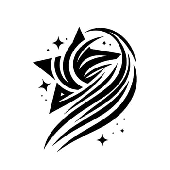 Black and white geometric star and swirl with starlike sparks, a stylized illustration of a constellation. vector