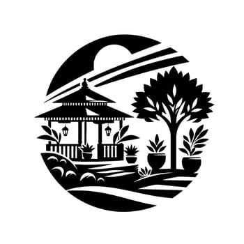 Serene Garden Scene A Minimalist Black White Circle of a Gazebo, Tree, and Potted Plants Under a Sun. vector