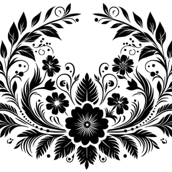 Ornate Black and White Floral Arrangement Symmetrical with Flowers, Leaves, and Spirals on White Background. vector