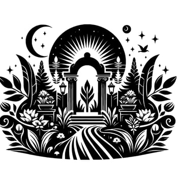 Monochrome Garden Pathway Arcadian nighttime scene with classical archway, floral elements, celestial details, and pathway. vector