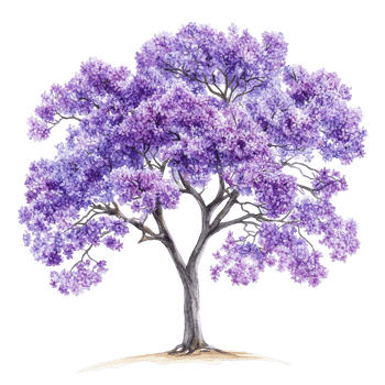 A watercolor depiction of a tree with purple flowers png