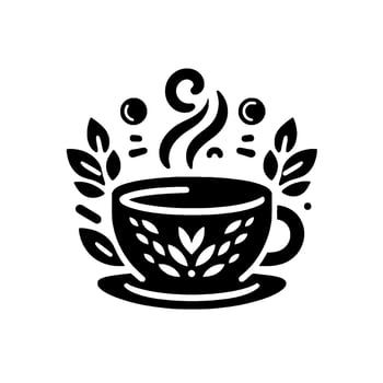 Monochromatic Tea Cup with Floral Accents, Steam, Leaves, and Saucer on White Background vector