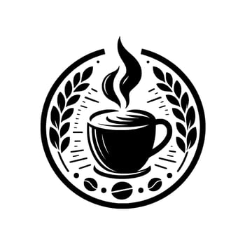 Monochromatic circular coffee featuring a steaming mug, surrounded by wheat stalks, coffee beans and a time indicator in minimalistic black and white style. vector