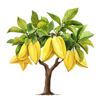 Watercolor illustration of a tree bearing yellow star shaped fruits png