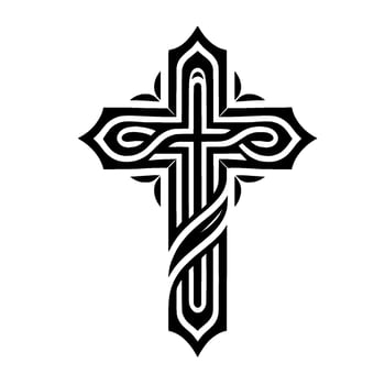 Intricate Black and White Cross with Ornamental Swirls and LeafLike Accents on a White Backdrop. vector