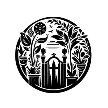 Circular Black and White Illustration of a Garden Scene A Gate, Plants, and Birds enclosed within a circle. A serene, minimalist artistic . vector