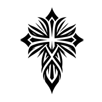 Intricate, stylized black and white cross with ornamental floral elements, creating a modern religious symbol. vector
