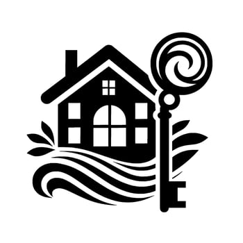 Stylized monochrome of a house with ornamental key and decorative wave, suggesting property and access. vector