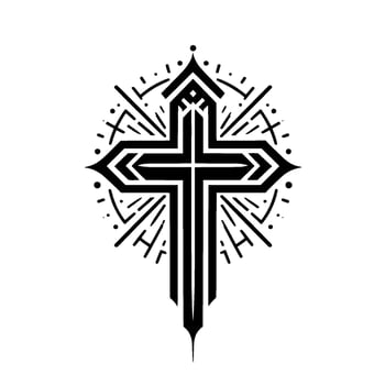Ornate Black Geometric Cross with Circular Radiating Lines and Decorative Accents on a White Background. vector