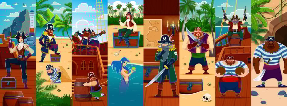 Cartoon pirates and Caribbean corsair characters vector